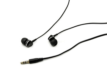 Black earphones isolated on white background. 	
