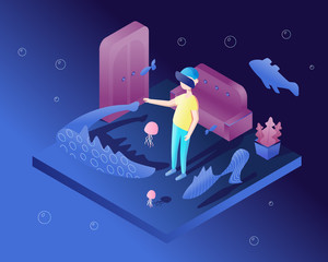 Young man playing in Virtual Reality headset at home. Isometric style