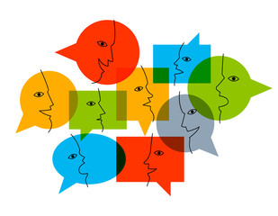 Different speech bubbles composition vector flat design isolated on white, global communication concept, public discussion or opinion diversity metaphor, conference or brainstorming.