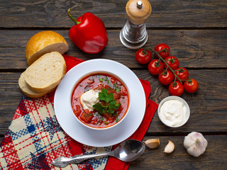 first course homemade hot Russian borscht with meat sour cream