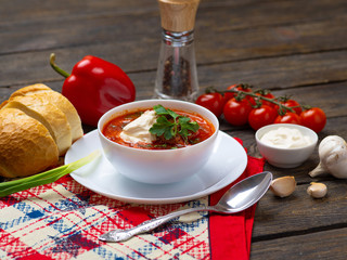 first course homemade hot Russian borscht with meat sour cream