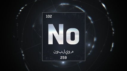 3D illustration of Nobelium as Element 102 of the Periodic Table. Silver illuminated atom design background with orbiting electrons name atomic weight element number in Arabic language