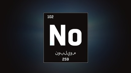 3D illustration of Nobelium as Element 102 of the Periodic Table. Grey illuminated atom design background with orbiting electrons name atomic weight element number in Arabic language