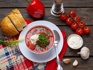 first course homemade hot Russian borscht with meat sour cream