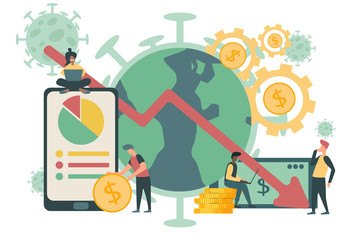 Flat illustration vector of The global economics Impact of COVID-19 novel coronavirus . The virus affects the global economy.