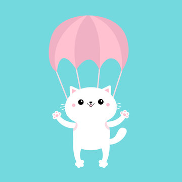 White cat skydriver. Flying with parachute. Cute cartoon kawaii funny character. Parachuting skydiving sport. Pet baby print collection. Happy Valentines Day. Flat design. Blue background. Isolated.