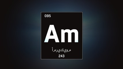 3D illustration of Americium as Element 95 of the Periodic Table. Grey illuminated atom design background with orbiting electrons name atomic weight element number in Arabic language