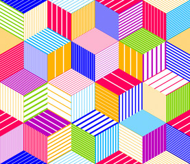 3D cubes seamless pattern vector background, lined dimensional blocks, architecture and construction, geometric design.