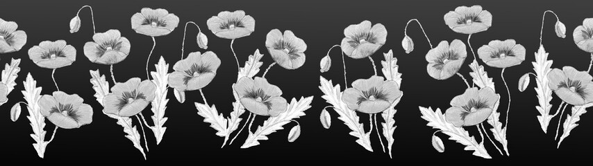 pencil-drawn poppies with buds and leaves in gray monochrome coloring on a black background. banner