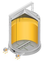 Vector illustration of a silo with grain in a section, a diagram of the elevator device, a granary. Isometry © Georgii