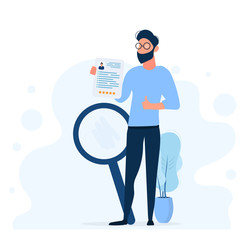 Stylish man with glasses. The guy holds a resume in his hands and shows the class. The concept of finding people to work. In isolation. Vector