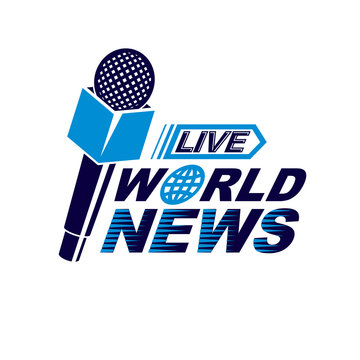 News and facts reporting vector logo composed using world news inscription and journalistic microphone equipment.