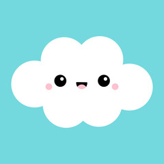 White cloud icon. Smiling face, tongue. Fluffy clouds. Cute cartoon kawaii cloudscape. Love card. Cloudy weather sign symbols. Flat design. Blues sky background. Isolated.