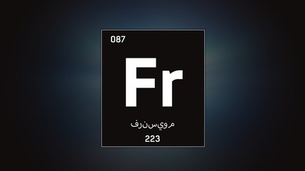 Fototapeta premium 3D illustration of Francium as Element 87 of the Periodic Table. Grey illuminated atom design background with orbiting electrons name atomic weight element number in Arabic language