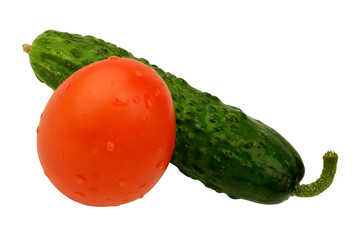 Cucumber and tomato isolated on a white background. Close-up. Top view.