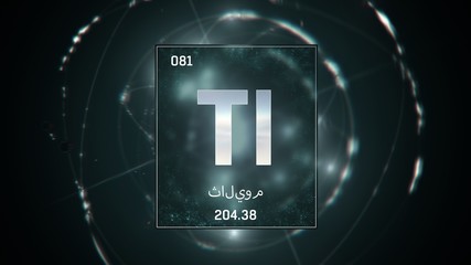 3D illustration of Thallium as Element 81 of the Periodic Table. Green illuminated atom design background with orbiting electrons name atomic weight element number in Arabic language