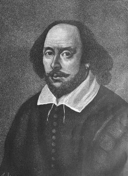 Portrait of William Shakespeare, an English poet, playwright, and acto in the English language in the old book the Shakespeare's life, by V. Chuiko, 1889, St. Petersburg