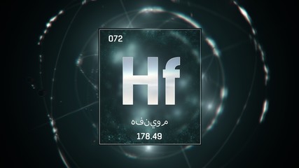 3D illustration of Hafnium as Element 72 of the Periodic Table. Green illuminated atom design background with orbiting electrons name atomic weight element number in Arabic language
