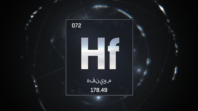 3D illustration of Hafnium as Element 72 of the Periodic Table. Silver illuminated atom design background with orbiting electrons name atomic weight element number in Arabic language