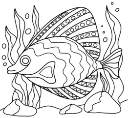 vector coloring page for children and adults fish with patterns, hand drawn line art isolated on a white background