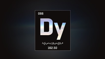 3D illustration of Dysprosium as Element 66 of the Periodic Table. Grey illuminated atom design background with orbiting electrons name atomic weight element number in Arabic language
