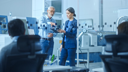 Modern Factory: Female Engineer, Male Project Manager Standing in High Tech Development Facility,...