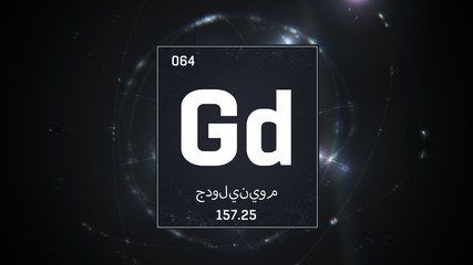 3D illustration of Gadolinium as Element 64 of the Periodic Table. Silver illuminated atom design background with orbiting electrons name atomic weight element number in Arabic language