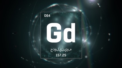 3D illustration of Gadolinium as Element 64 of the Periodic Table. Green illuminated atom design background with orbiting electrons name atomic weight element number in Arabic language