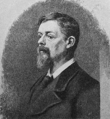 The George du Maurier's portrait, a Franco-British cartoonist and writer in the old book the History of Painting, by R. Muter, 1887, St. Petersburg