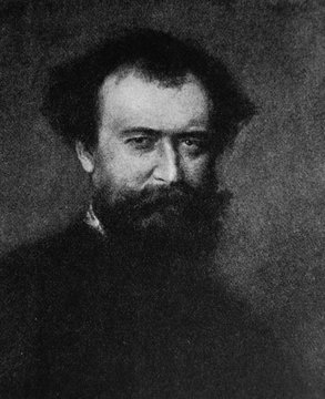 The Wilhelm Busch's portrait, a German humorist, poet, illustrator, and painter in the old book the History of Painting, by R. Muter, 1887, St. Petersburg
