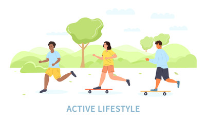 Obraz na płótnie Canvas Group of diverse young people leading an active lifestyle skateboarding and jogging in a park, colored vector illustration panorama banner