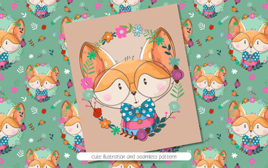 cute fox with flowers illustration and seamless pattern