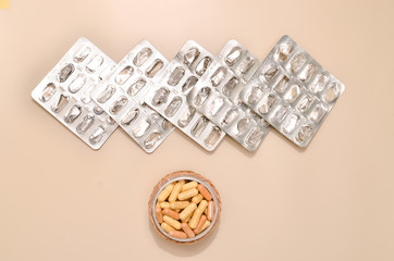 Assortedpharmaceuticals antibiotics pills medicine. colorful antibacterials pills on beige background. capsule pill medicine. Simbol of 2020 year, cronavirus broblem