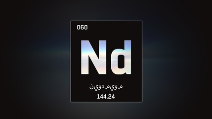 3D illustration of Neodymium as Element 60 of the Periodic Table. Grey illuminated atom design background orbiting electrons name, atomic weight element number in Arabic language