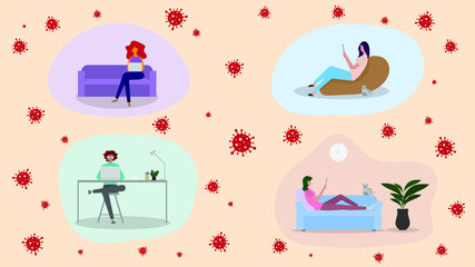 People work at home to prevent virus infection concept. Work from home during an outbreak of the COVID-19  or corona virus. Self-isolation. Vector illustration for poster, banner, flyer. Stock design.