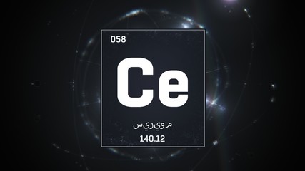 3D illustration of Cerium as Element 58 of the Periodic Table. Silver illuminated atom design background orbiting electrons name, atomic weight element number in Arabic language
