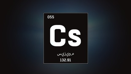 3D illustration of Cesium as Element 55 of the Periodic Table. Grey illuminated atom design background orbiting electrons name, atomic weight element number in Arabic language