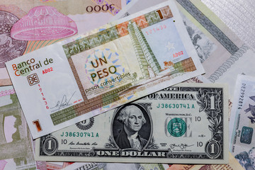 One  US Dollar with Different Cuban Convertible Peso Banknotes