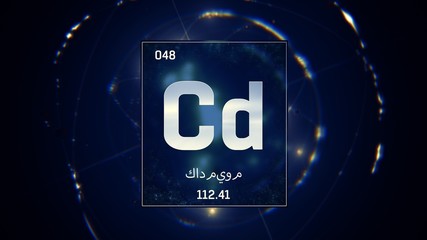 3D illustration of Cadmium as Element 48 of the Periodic Table. Blue illuminated atom design background orbiting electrons name, atomic weight element number in Arabic language