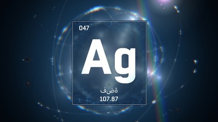 3D illustration of Silver as Element 47 of the Periodic Table. Blue illuminated atom design background orbiting electrons name, atomic weight element number in Arabic language