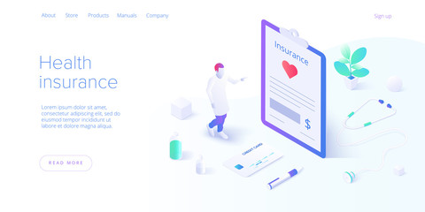 Health insurance concept in isometric vector design. Male doctor or physician insurer with contract form in clipboard. Healthcare or medical plan expenses or finance. Web banner layout template.