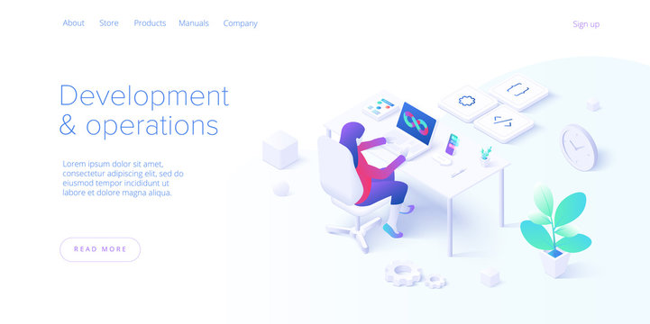 Web development and operations concept in flat design. Developing of internet app or online website service. Creative vector illustration. Landing page layout or banner template.
