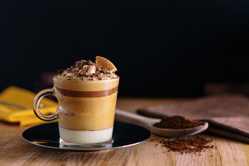 Coffee cream recipe, presented as a delicious dessert. dark food