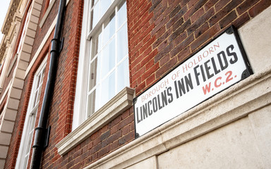 Lincoln's Inn Fields, London WC2. A street sign in the heart of London's historic legal district. 