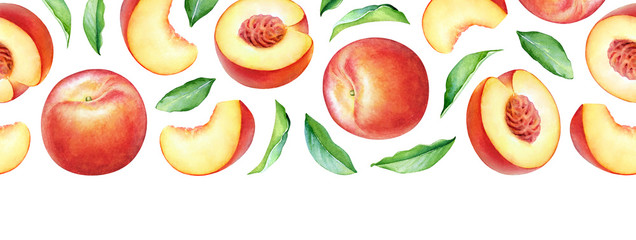 Seamless pattern with watercolor peach fruits and leaves