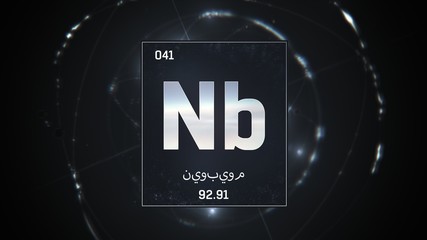 3D illustration of Niobium as Element 41 of the Periodic Table. Silver illuminated atom design background orbiting electrons name, atomic weight element number in Arabic language