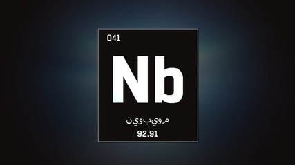 3D illustration of Niobium as Element 41 of the Periodic Table. Grey illuminated atom design background orbiting electrons name, atomic weight element number in Arabic language