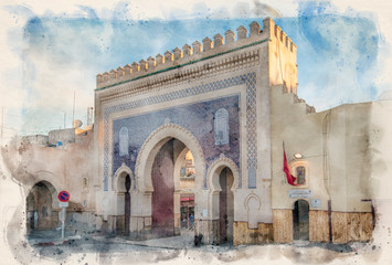 Fes, Morocco. The blue Gate or the Bab Bou Jeloud (Boujeloud) in the old City in the historical Town of Fez in watercolor style illustration. the old town of Fes El Bali and the medina, - obrazy, fototapety, plakaty