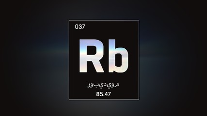 3D illustration of Rubidium as Element 37 of the Periodic Table. Grey illuminated atom design background orbiting electrons name, atomic weight element number in Arabic language