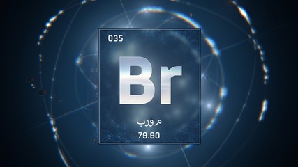 3D illustration of Bromine as Element 35 of the Periodic Table. Blue illuminated atom design background orbiting electrons name, atomic weight element number in Arabic language